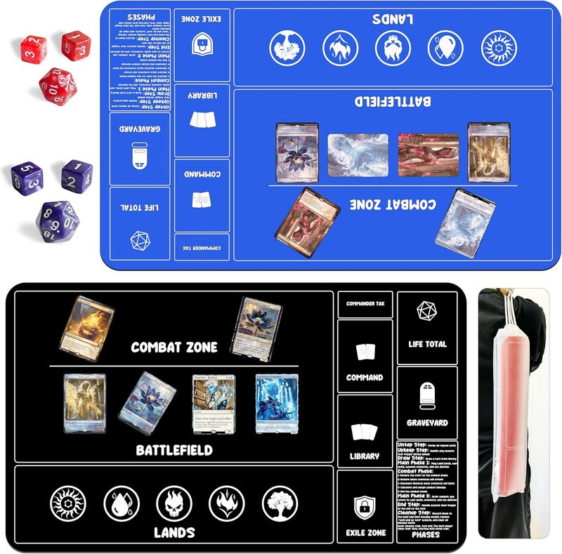 HaoSiTeck Card Game Playmats MTG Playmat for Beginner 2 Pack with Dices, Magic Mat Commander Deck Card Playmat for TCG MTG Accessories Play Mat 24x14 Inches Duel Card Battles, Black/Blue - Image 1